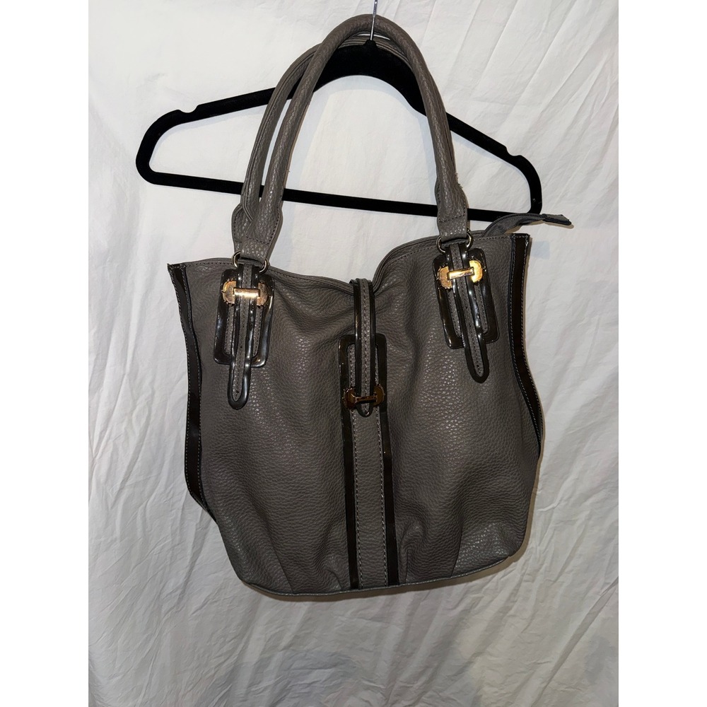 Louis Cardy Grey Pebbled Faux Leather Shoulder Bag Gold Tone Hardware Tote